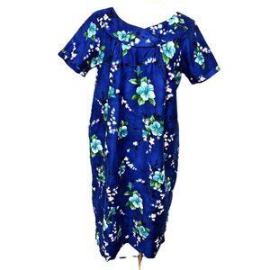Hawaiian Aloha Muu Muu Hookano Blue Floral Tropical Dress VTG Size M
